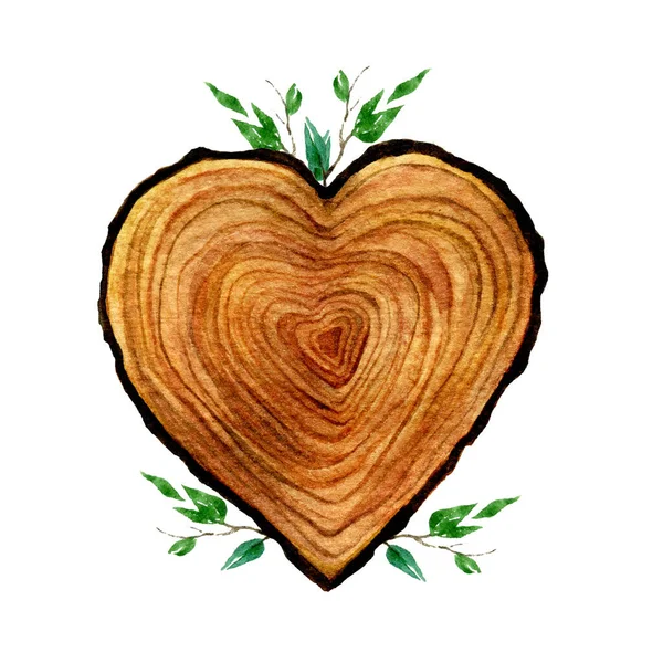 Aquarell Holz Herz isoliert auf weißem Hintergrund. Aquarell Herz Holz Scheibe Illustration. — Stockfoto