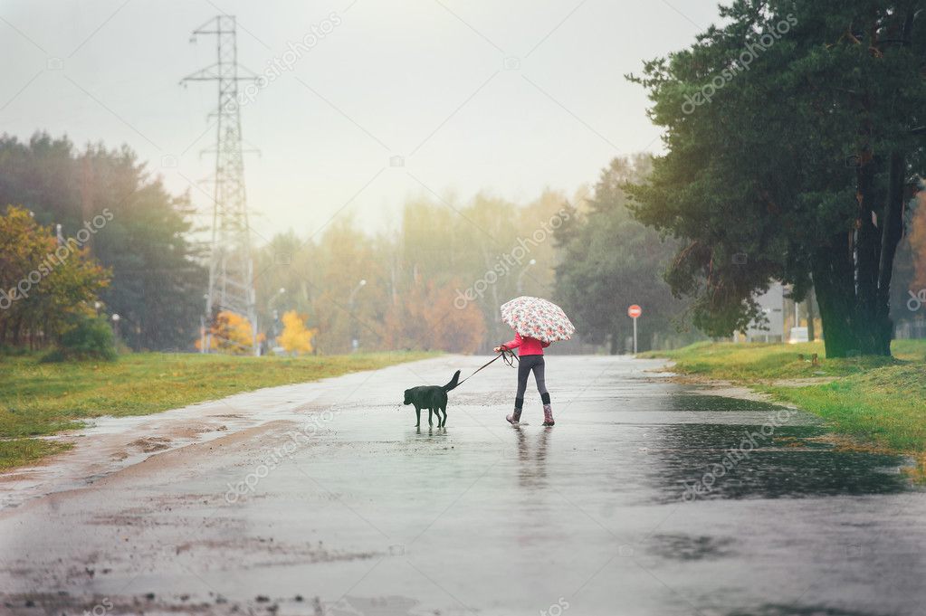 The girl with a dog goes through the puddles