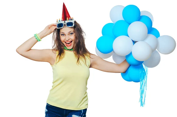 Chica con globos felicitaciones cumpleaños —  Fotos de Stock