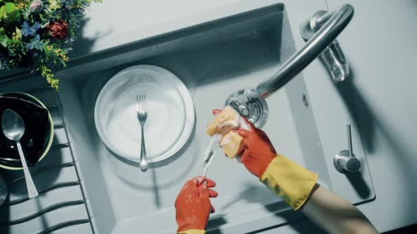 Hand-washing dishes in the kitchen under running water — Stock Video