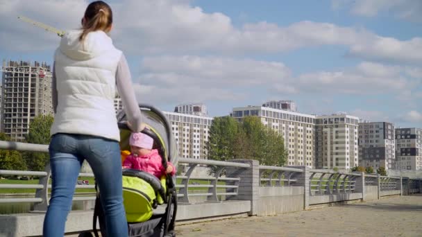 Mutter mit Kinderwagen und Kind spazieren im Park am Fluss entlang — Stockvideo