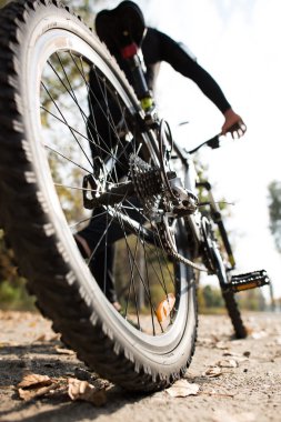 Rear view of man with bicycle clipart