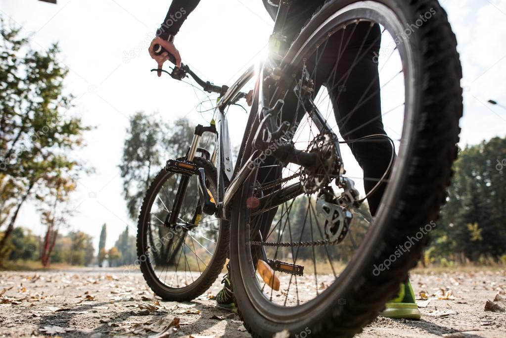 Rear view of man with bicycle