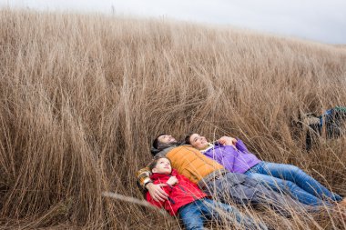 Gülümseyen aile çimenlerde sarılma 