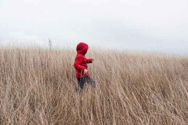 Little boy walking in dry grass 
