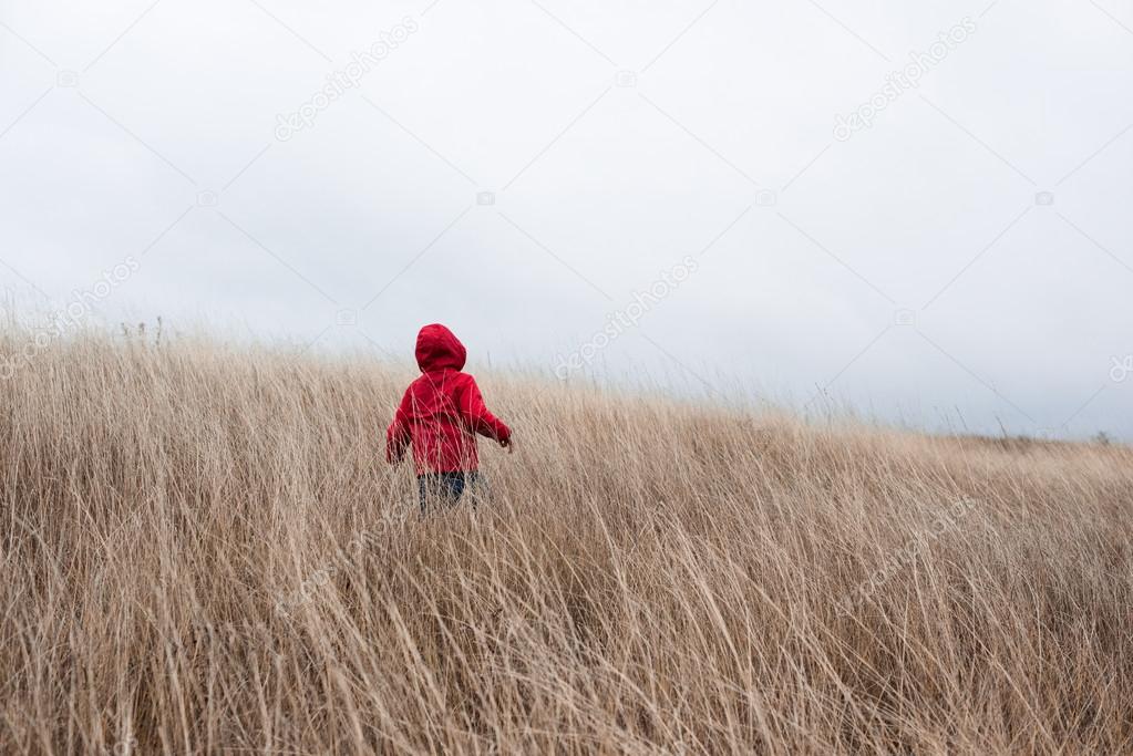 Little boy walking in dry grass 