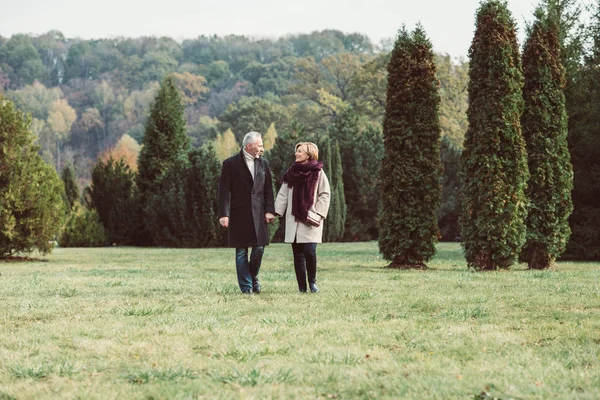 Starsza para spaceru w parku jesień — Zdjęcie stockowe