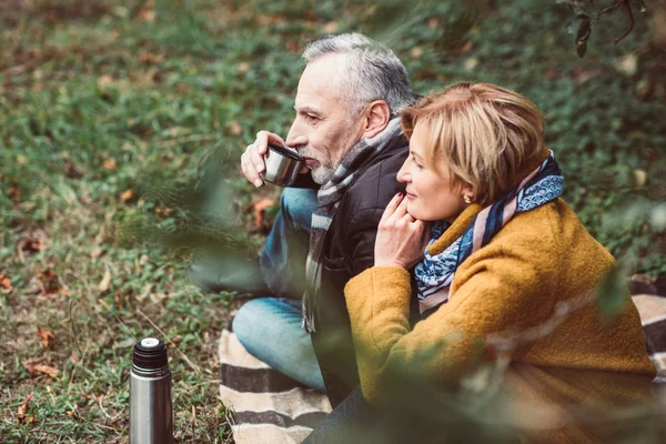 Mature couple drinking tea in park — Stock Photo, Image