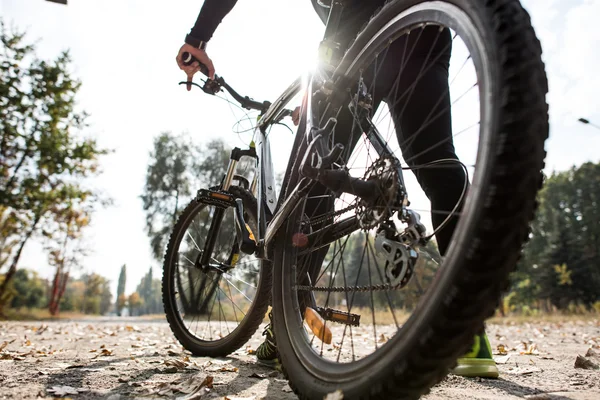 Вид ззаду людини з велосипедом — стокове фото