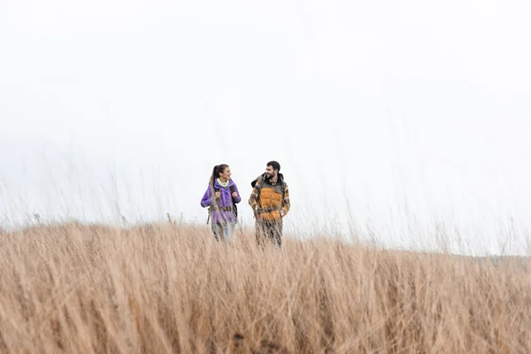 Pareja sonriente con mochilas caminando en la hierba - foto de stock