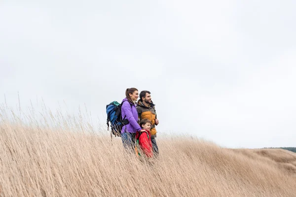 Famiglia felice con zaini in piedi in erba — Foto stock