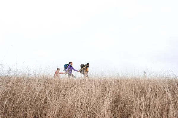 Famiglia felice con zaini che camminano nell'erba — Foto stock