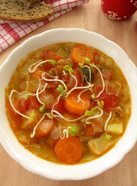 Vegetable soup with sprouts in white bowl — Stockfoto