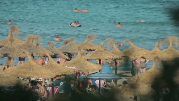 La gente se baña y descansa en la playa. Playas españolas en Cala Mendia. Mallorca — Vídeos de Stock