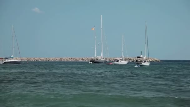 Яхти стоїть на якорі біля пляжна зона. Іспанська пляжів в Коста-ден Бланес. Майорка — стокове відео