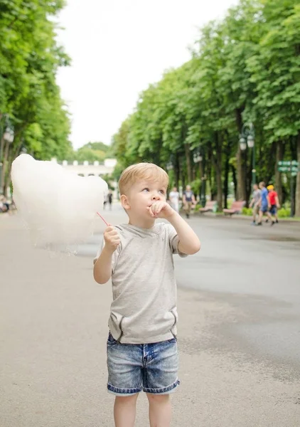 Маленький мальчик ест сахарную вату — стоковое фото
