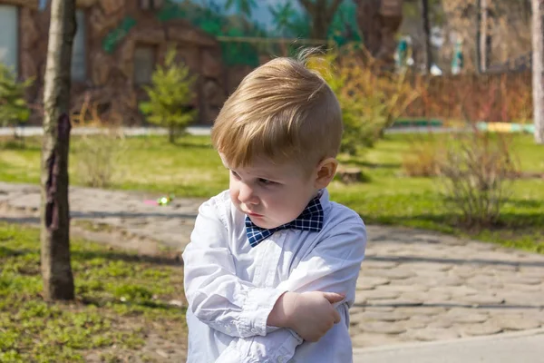 Pequeño chico rubio posando en cámara — Foto de Stock