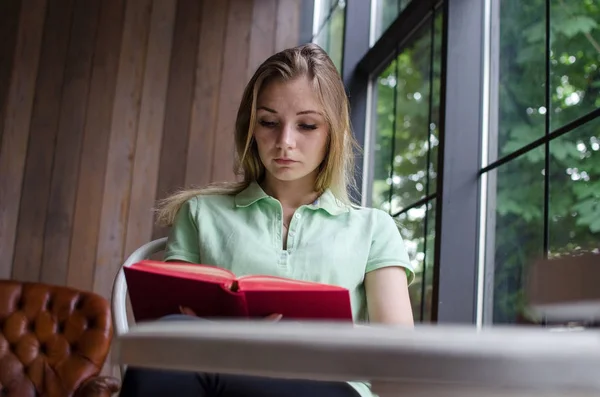 Mujer leyendo un libro en el café — Foto de Stock