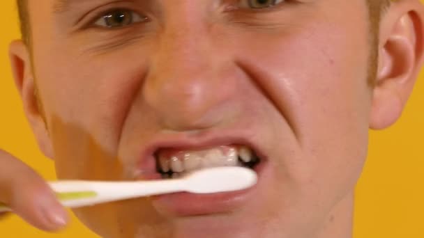 Joven mirando a la cámara y cepillándose los dientes — Vídeos de Stock