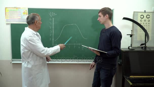 Grafiği öğrenci yazı tahtası üzerinde gösterilen meslektaşınla Profesör — Stok video