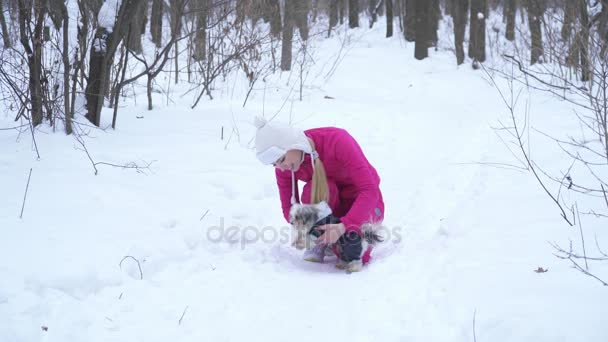 Joven rubia jugando con un pequeño dod en el bosque de invierno — Vídeo de stock