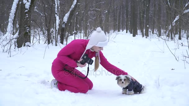 Jonge blonde vrouw maken van foto's van kleine Terriër hond in het besneeuwde forest — Stockvideo