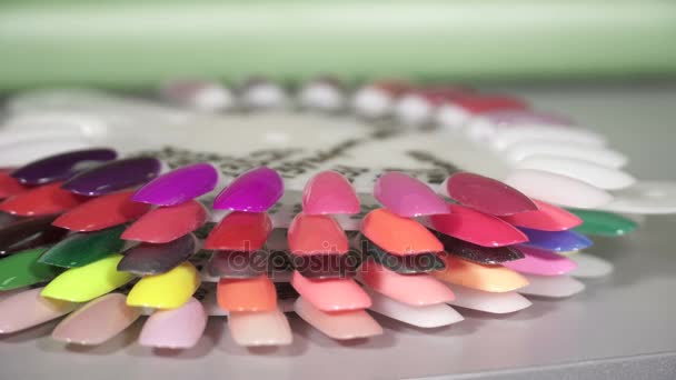 Primer plano de la plantilla de conjunto de esmalte de uñas de colores — Vídeos de Stock