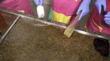 Ekleme ve karıştırma closeup karamel tatlılar ve şekerleme üretimi, reçel