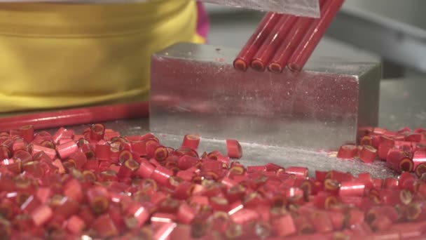 Fabricação de doces e doces de caramelo, fecho de balas de caramelo de corte mestre — Vídeo de Stock