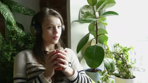 Kulaklık ve lisening müzik pencerenin yanında oturan genç kız — Stok video