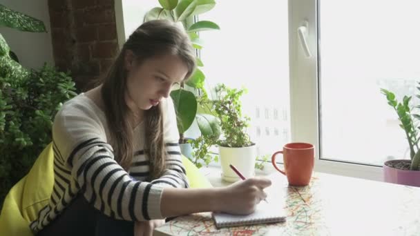 Tinédzser lány ül az ablak mellett, és így megjegyzi, a jegyzetfüzet — Stock videók
