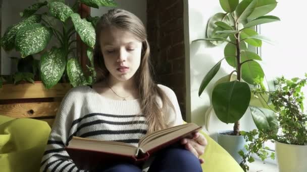 Teenager girl sitting and reading a book — Stock Video