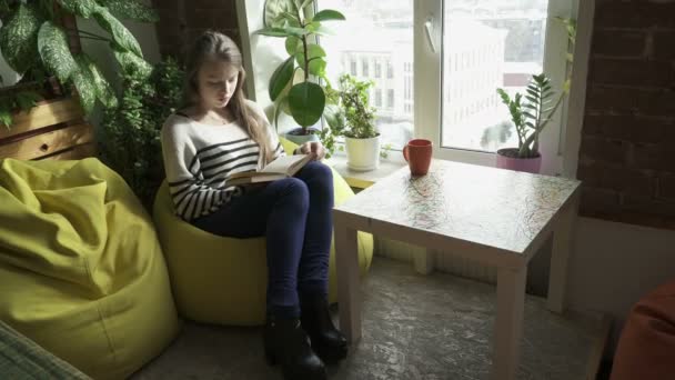 Девочка-подросток сидит у окна и читает книгу — стоковое видео
