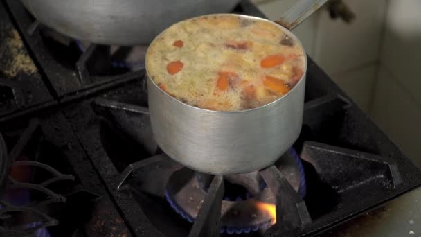 Primer plano de la sabrosa sopa en la olla — Vídeo de stock