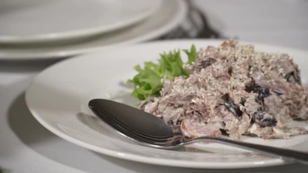 Ensalada de carne sabrosa servida en el plato blanco — Vídeos de Stock