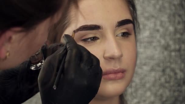 Kosmetikerin streicht die rechte Augenbraue, Nahaufnahme — Stockvideo