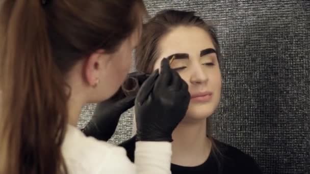 Artista de maquillaje fijando la forma de las cejas pintadas en el salón de belleza — Vídeo de stock