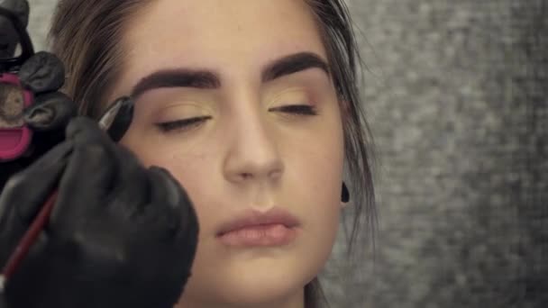 Kosmetikerin kämmt junge Frauen bemalte Augenbrauen — Stockvideo