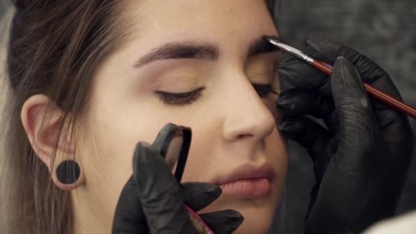 Kosmetolog kamning målade ögonbryn närbild — Stockvideo
