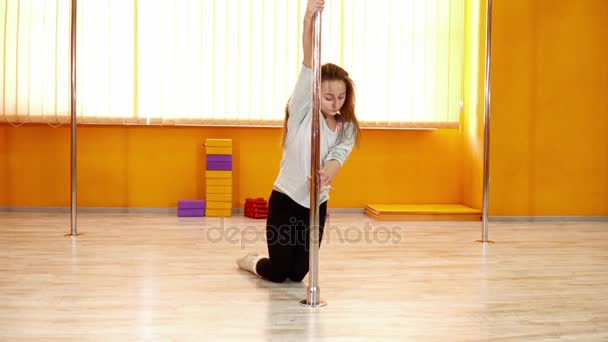 Young beautiful woman making tricks on the pole — Stock Video