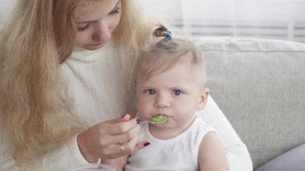 Joven madre alimentando a su lindo bebé pequeño niño — Vídeos de Stock