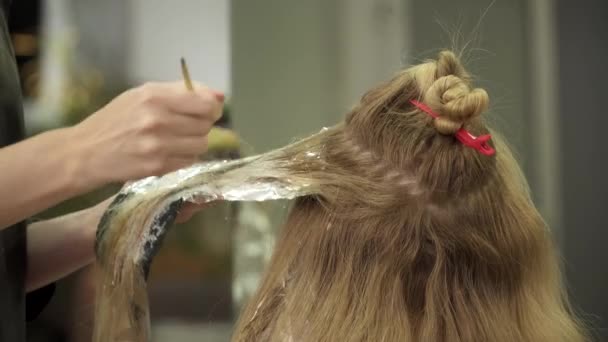 Перукар розмальовка зграї волосся в салоні — стокове відео