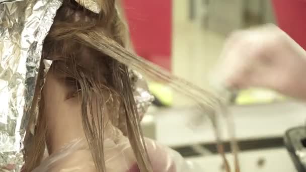 Le coiffeur colorier troupeaux de cheveux, gros plan — Video