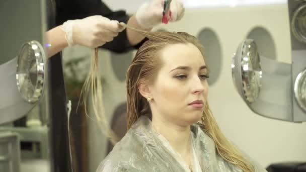 Young woman is having her hair cared in salon — Stock Video