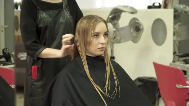 Cabeleireiro está fazendo corte de cabelo para uma mulher — Vídeo de Stock