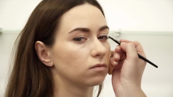 Kosmetolog tillämpar ögonskuggorna, närbild — Stockvideo
