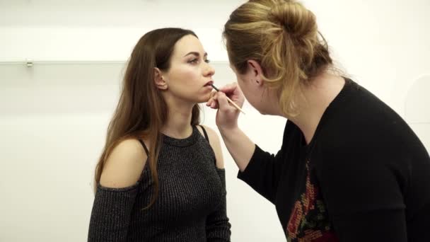 Косметолог розмальовує жіночі губи помадою — стокове відео