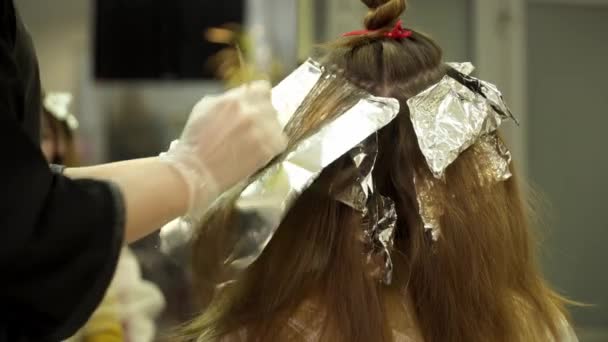 Genç kadın onun saç sürüleri boyalı closeup geçiriyor — Stok video