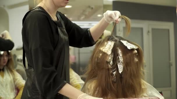 Парикмахер красит девушкам волосы — стоковое видео