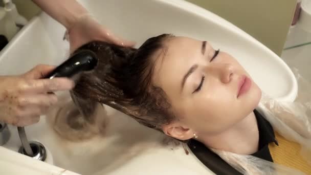 Hair stylist is washing young womans hair in hair salon — Stock Video